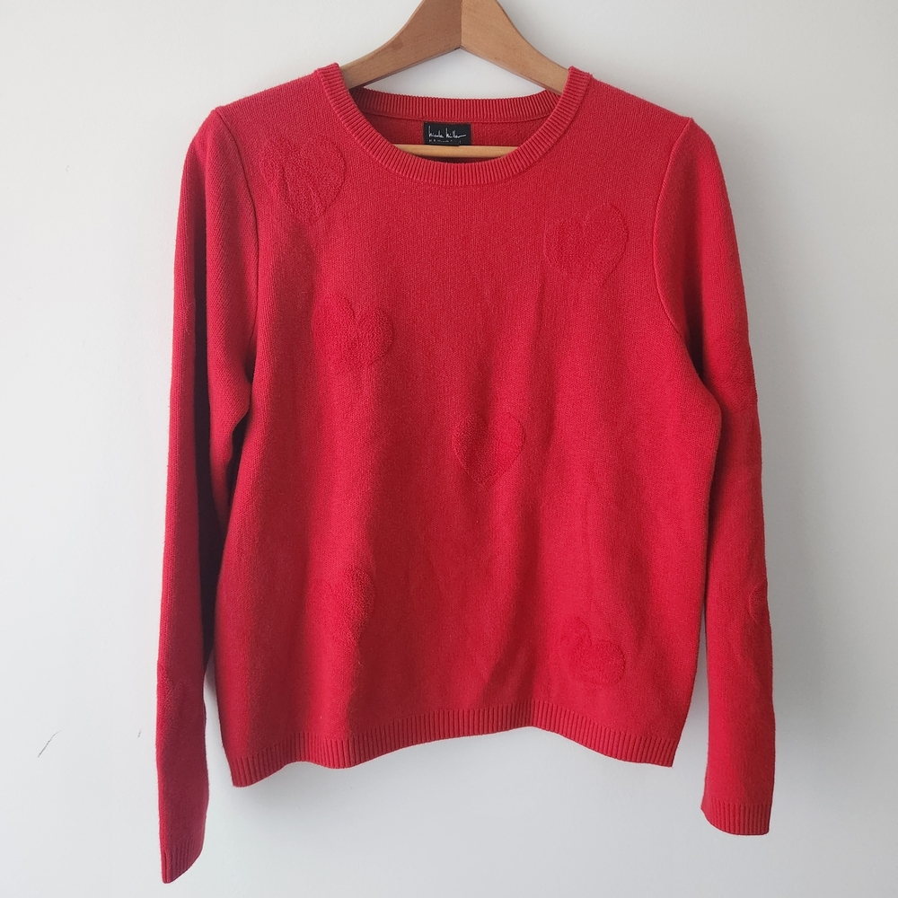 Nicole Miller Red With Red Hearts Crew Neck Sweater Christmas, Sz L
